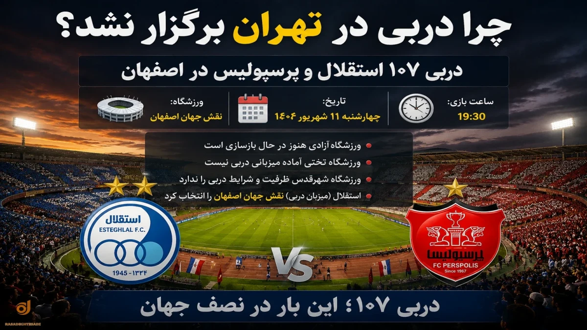چرا دربی استقلال و پرسپولیس در تهران برگزار نشد + ساعت و ورزشگاه دربی ۱۰۷