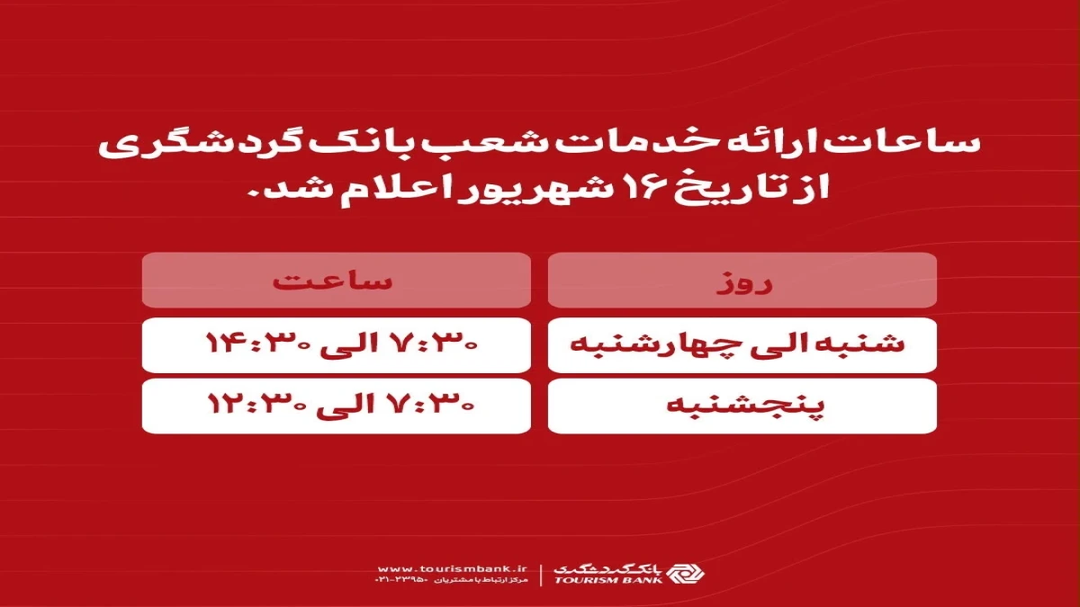 ساعات ارائه خدمات شعب بانک گردشگری از تاریخ 16 شهریور 1405 اعلام شد