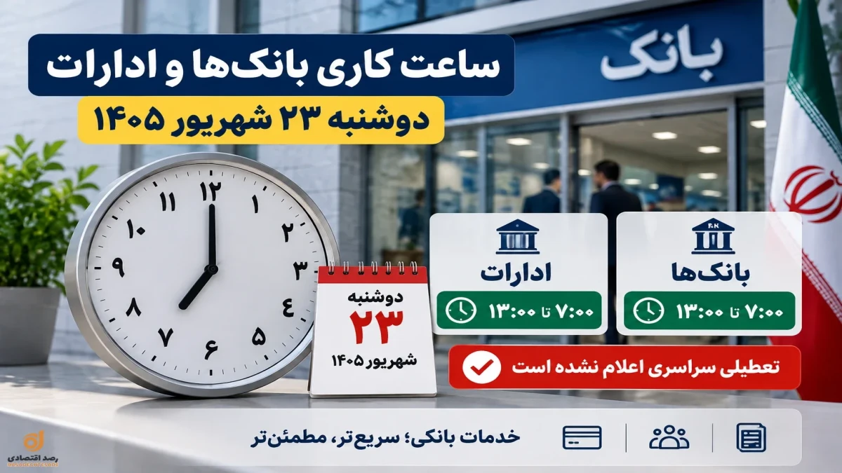 ساعت کاری بانک‌ها و ادارات دوشنبه ۲۳ شهریور ۱۴۰۵