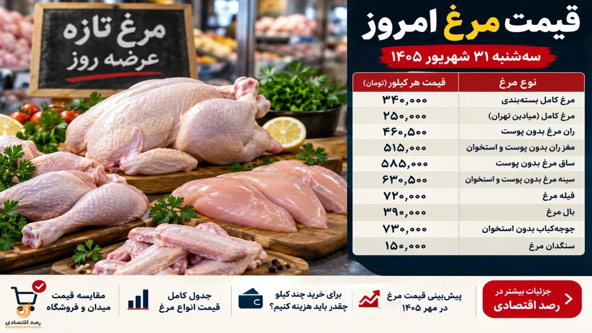 قیمت مرغ امروز سه‌شنبه ۳۱ شهریور + جدول قیمت ران، سینه و فیله