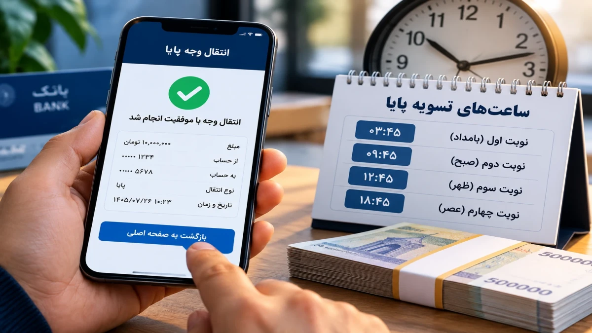 ساعت واریز پایا امروز ۲۶ مهر ۱۴۰۵؛ پول چه زمانی به حساب می‌نشیند؟ جدول ۴ نوبت تسویه بانکی