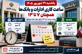 ساعت کاری ادارات و بانک‌ها یکشنبه ۲۹ شهریور